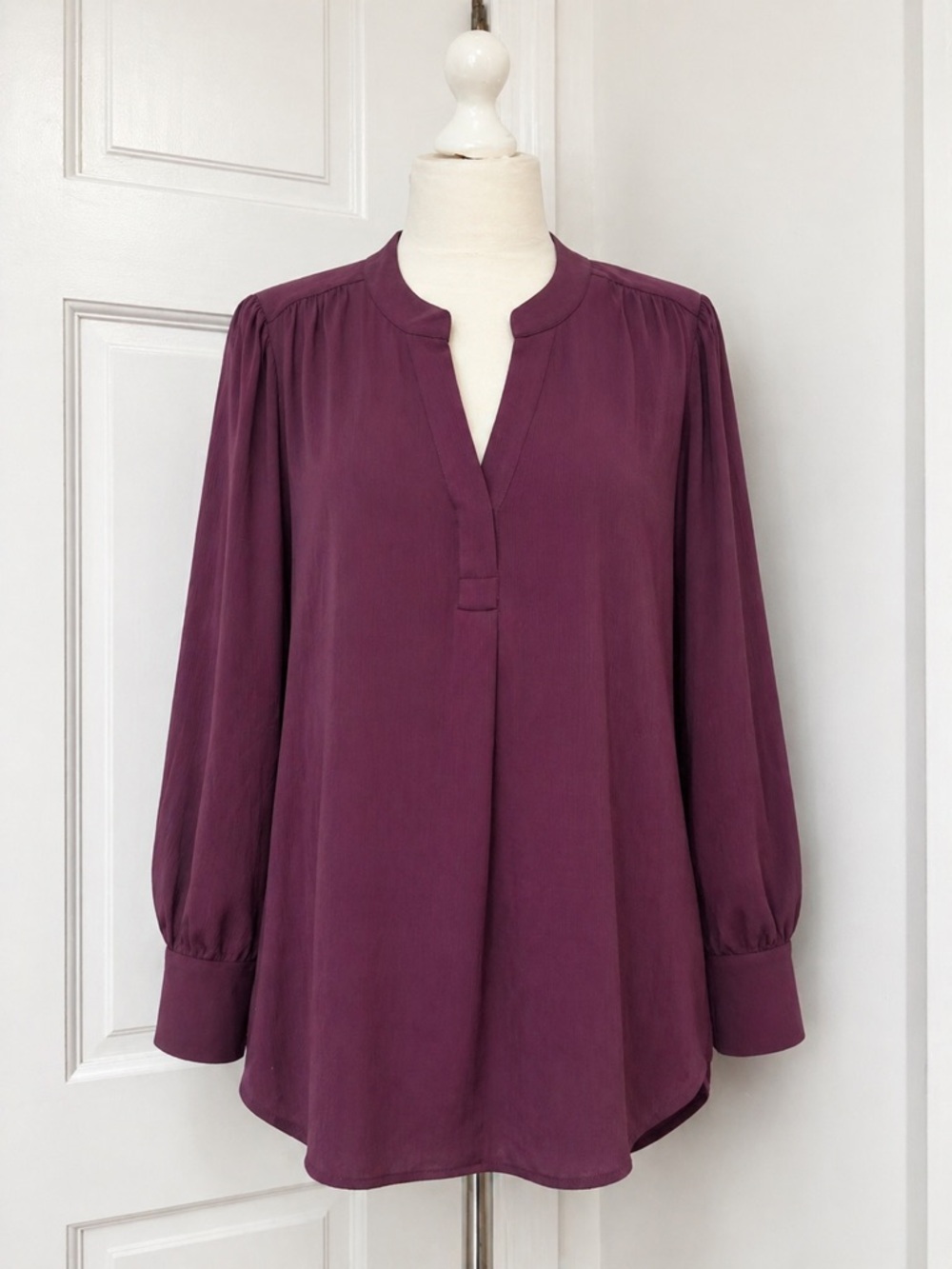 Anne Klein Plum Split-Neck Long Sleeve Blouse